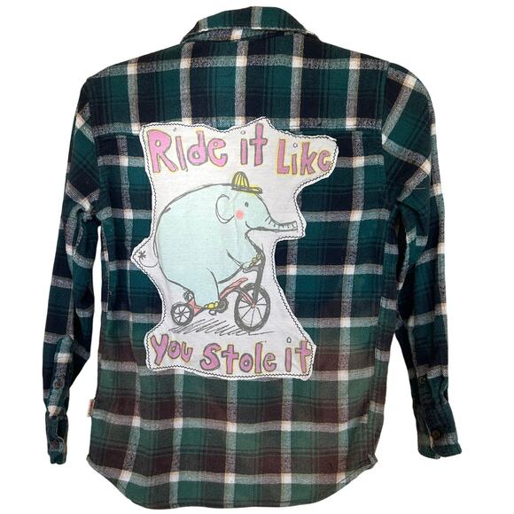 Ride it Like Your Stole it Kids Plaid Flannel Button Down Shirt MEDIUM Unique - Picture 1 of 5